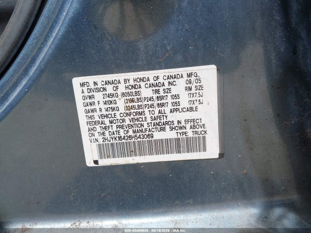 45400608 :رقم المزاد ، 2HJYK16426H543069 vin ، 2006 Honda Ridgeline Rts مزاد بيع