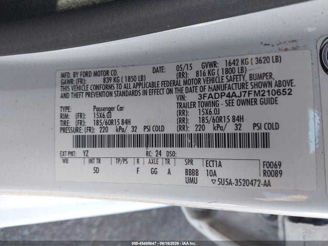 Продажа на аукционе авто 2015 Ford Fiesta S, vin: 3FADP4AJ7FM210652, номер лота: 45400647
