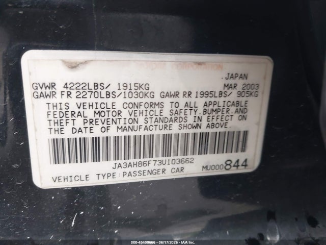 45400666 :رقم المزاد ، JA3AH86F73U103662 vin ، 2003 Mitsubishi Lancer Evolution مزاد بيع