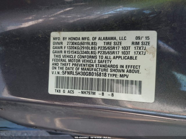 Honda ODYSSEY SE 2016 5FNRL5H30GB016818 Image 9