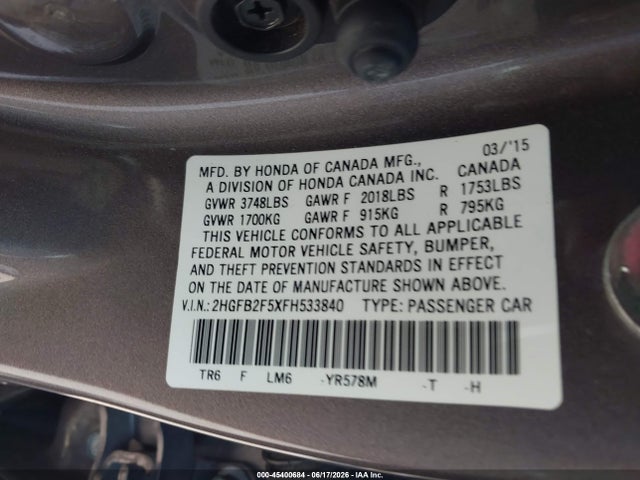 Honda Civic Lx 2015 2HGFB2F5XFH533840 Image 9
