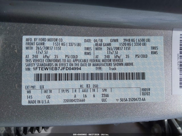 Ford F-150 Xl/xlt 2018 1FTEW1EB7JFD04994 Image 9