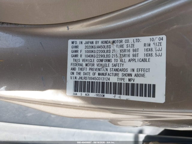 Auction sale of the 2005 Honda Cr-v Se, vin: JHLRD78945C013124, lot number: 45400697