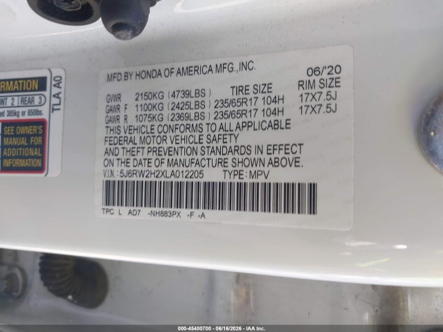 5J6RW2H2XLA012205 Honda Cr-v Awd Lx