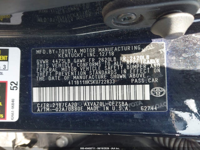 4T1B11HK5KU722833 Toyota CAMRY SE