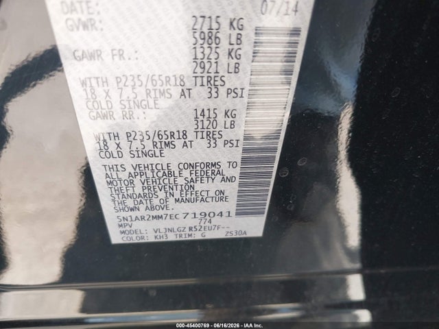 45400769 :رقم المزاد ، 5N1AR2MM7EC719041 vin ، 2014 Nissan Pathfinder Sl مزاد بيع