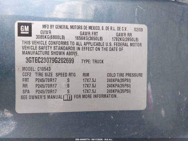 45400774 :رقم المزاد ، 3GTEC23079G202699 vin ، 2009 Gmc Sierra 1500 Sle مزاد بيع