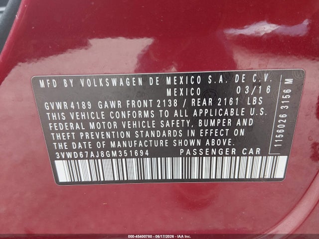 3VWD67AJ8GM351694 Volkswagen Jetta 1.4t Se
