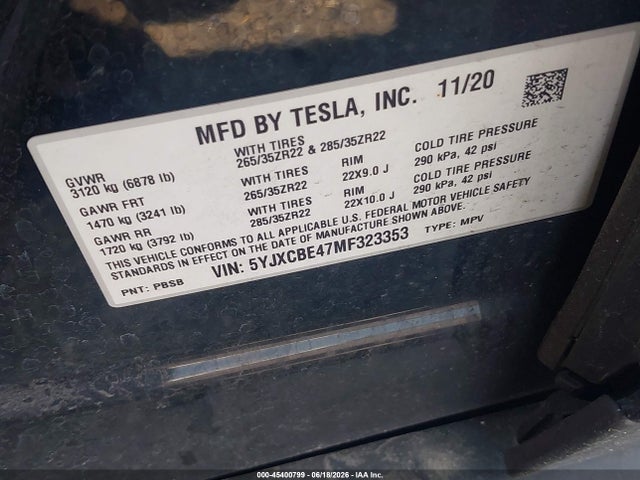 Auction sale of the 2021 Tesla Model X Performance Dual Motor All-wheel Drive, vin: 5YJXCBE47MF323353, lot number: 45400799