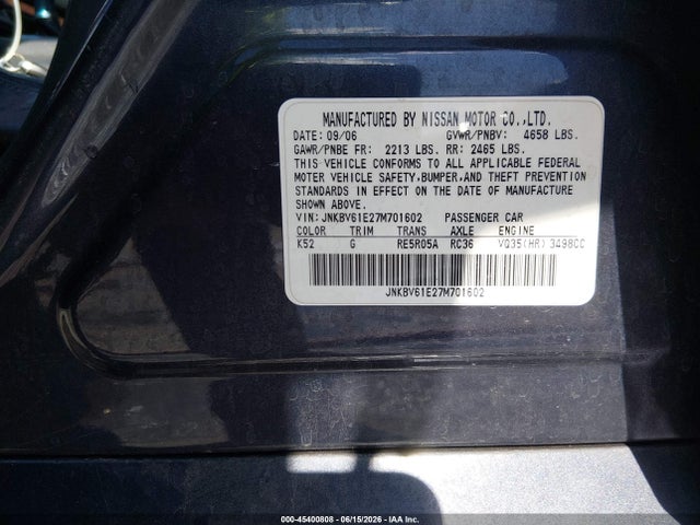 45400808 :رقم المزاد ، JNKBV61E27M701602 vin ، 2007 Infiniti G35 Journey مزاد بيع
