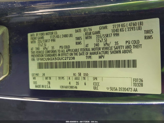 Ford ESCAPE SE 2016 1FMCU9GX5GUC27238 Image 9