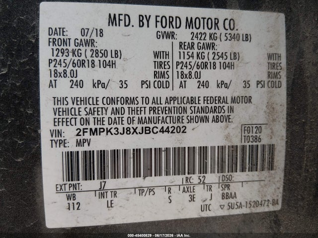 Aukcja sprzedaży 2018 Ford Edge Sel, vin: 2FMPK3J8XJBC44202, numer aukcji: 45400829