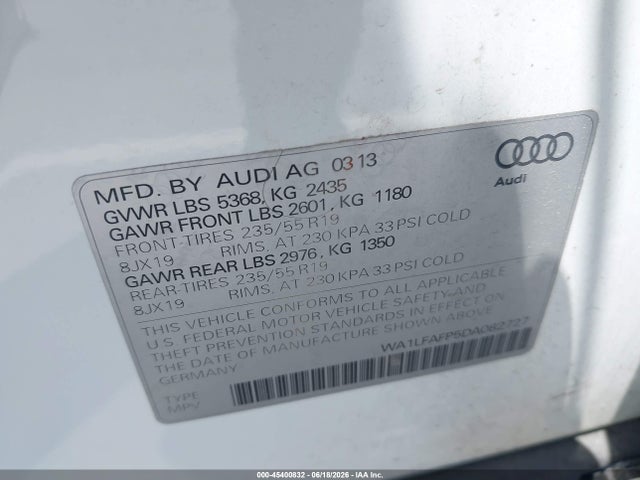 Продажа на аукционе авто 2013 Audi Q5 2.0t Premium, vin: WA1LFAFP5DA082727, номер лота: 45400832