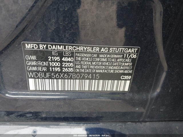 2007 Mercedes-benz E 350 მანქანა იყიდება აუქციონზე, vin: WDBUF56X67B079415, აუქციონის ნომერი: 45400839