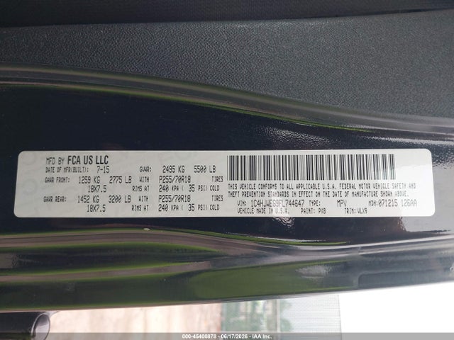45400878 :رقم المزاد ، 1C4HJWEG9FL744647 vin ، 2015 Jeep Wrangler Unlimited Altitude مزاد بيع