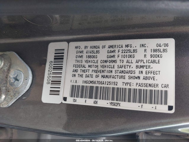 2006 Honda Accord 2.4 Ex მანქანა იყიდება აუქციონზე, vin: 1HGCM56706A125152, აუქციონის ნომერი: 45400884