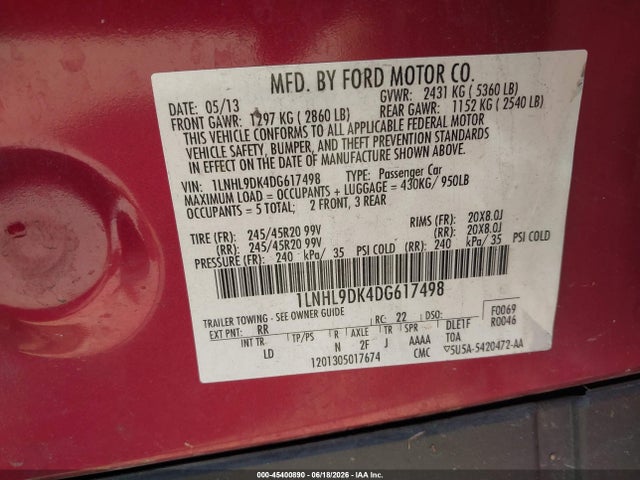 Aukcja sprzedaży 2013 Lincoln Mks, vin: 1LNHL9DK4DG617498, numer aukcji: 45400890