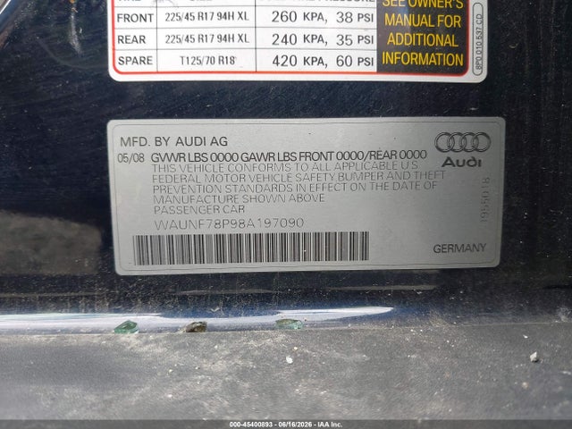 Aukcja sprzedaży 2008 Audi A3 2.0t, vin: WAUNF78P98A197090, numer aukcji: 45400893