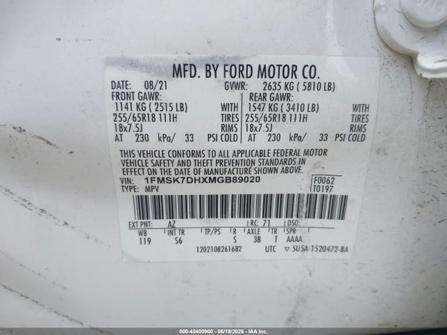 45400900 :رقم المزاد ، 1FMSK7DHXMGB89020 vin ، 2021 Ford Explorer Xlt مزاد بيع