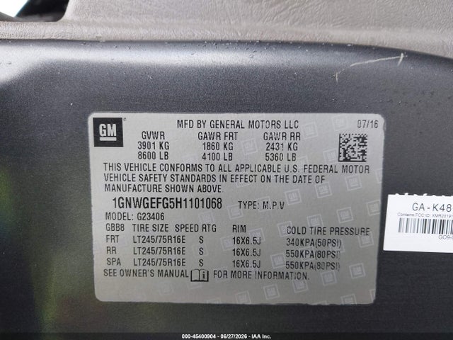Chevrolet Express 2500 Ls 2017 1GNWGEFG5H1101068 Image 9