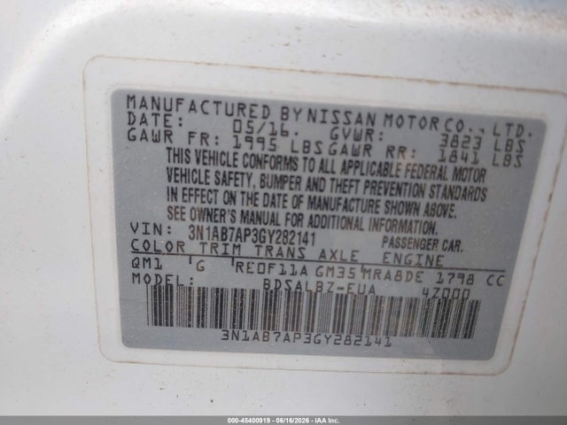 Продаж на аукціоні авто 2016 Nissan Sentra Fe+ S/s/sl/sr/sv, vin: 3N1AB7AP3GY282141, номер лоту: 45400919