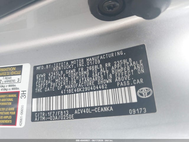 2009 Toyota Camry Le მანქანა იყიდება აუქციონზე, vin: 4T1BE46K29U404462, აუქციონის ნომერი: 45400921