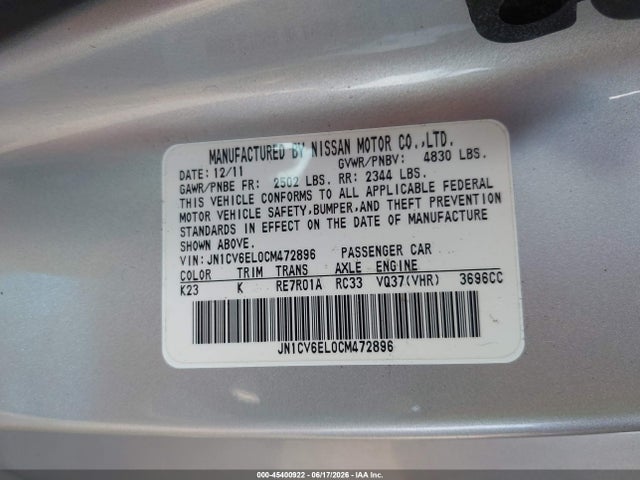 Продажа на аукционе авто 2012 Infiniti G37x, vin: JN1CV6EL0CM472896, номер лота: 45400922