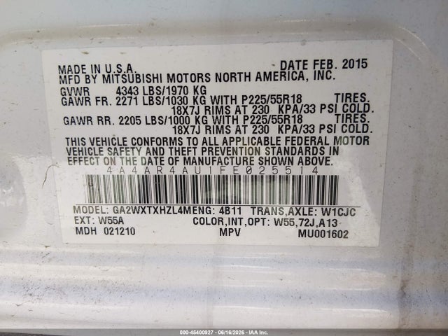45400927 :رقم المزاد ، 4A4AR4AU1FE025514 vin ، 2015 Mitsubishi Outlander Sport Se مزاد بيع