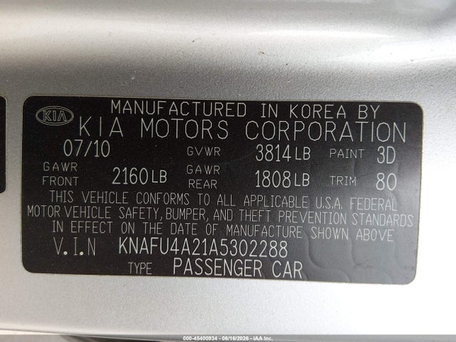 Aukcja sprzedaży 2010 Kia Forte Ex, vin: KNAFU4A21A5302288, numer aukcji: 45400934