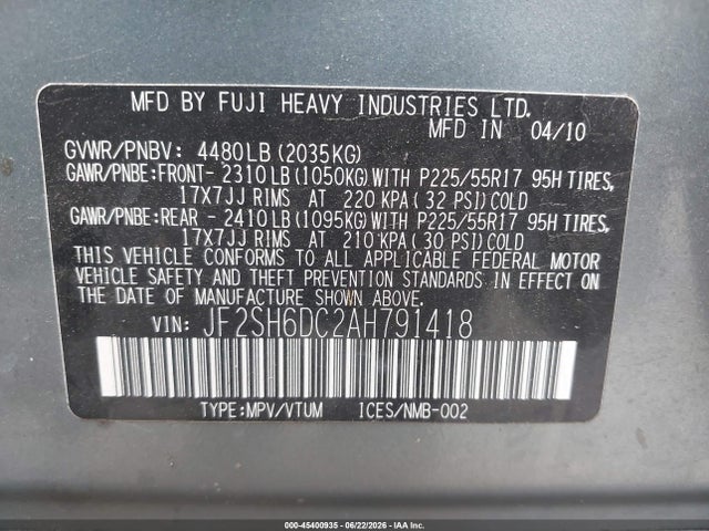 45400935 :رقم المزاد ، JF2SH6DC2AH791418 vin ، 2010 Subaru Forester 2.5x Limited مزاد بيع