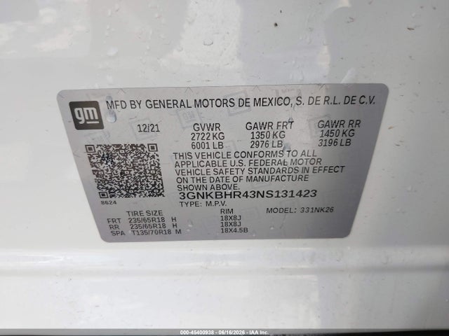 45400938 :رقم المزاد ، 3GNKBHR43NS131423 vin ، 2022 Chevrolet Blazer Awd 2lt مزاد بيع