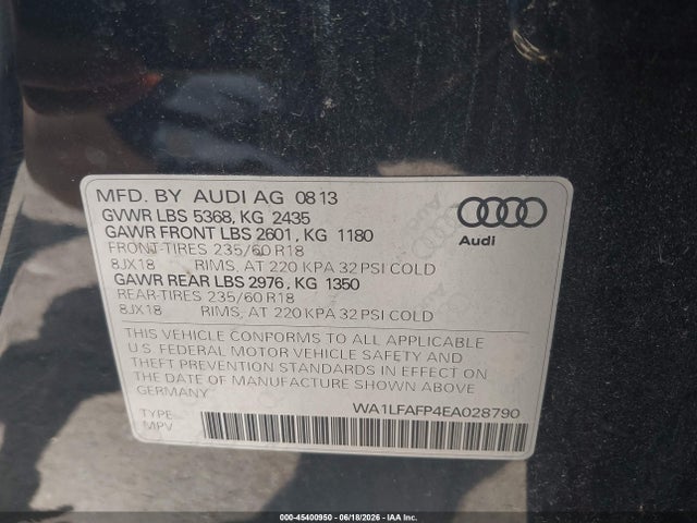 45400950 :رقم المزاد ، WA1LFAFP4EA028790 vin ، 2014 Audi Q5 2.0t Premium مزاد بيع