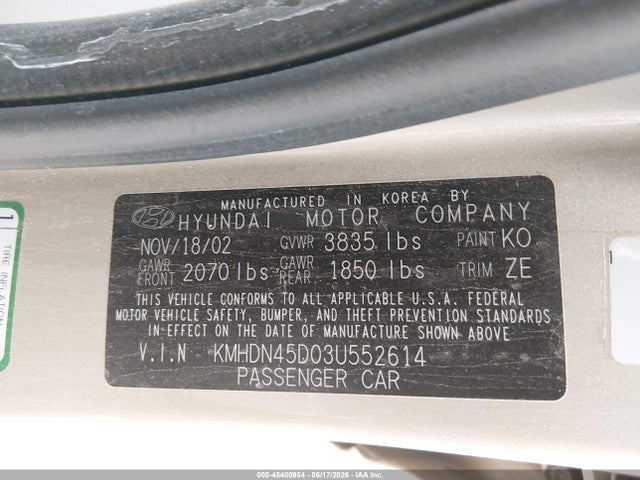 Aukcja sprzedaży 2003 Hyundai Elantra Gls/gt, vin: KMHDN45D03U552614, numer aukcji: 45400954