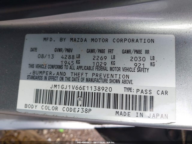 2014 Mazda Mazda6 I Touring მანქანა იყიდება აუქციონზე, vin: JM1GJ1V66E1138920, აუქციონის ნომერი: 45400972