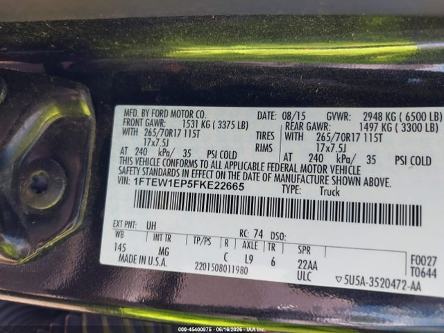 45400975 :رقم المزاد ، 1FTEW1EP5FKE22665 vin ، 2015 Ford F-150 Xlt مزاد بيع