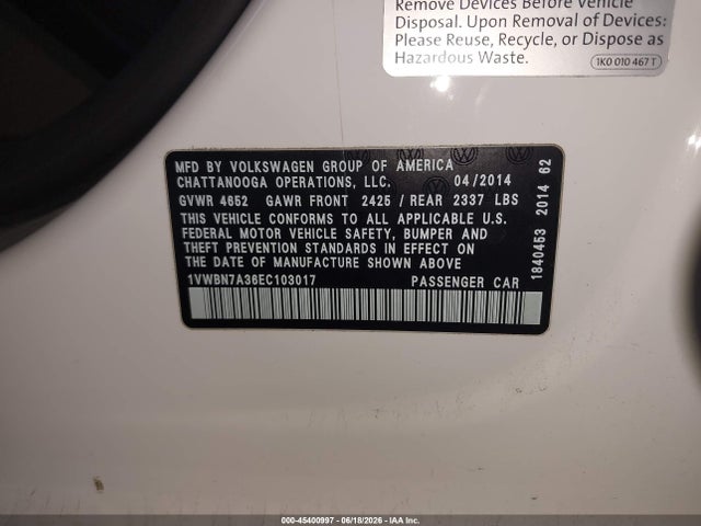 1VWBN7A36EC103017 Volkswagen Passat 2.0l Tdi Se