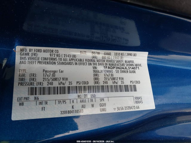 Aukcja sprzedaży 2018 Ford Focus Titanium, vin: 1FADP3N24JL314071, numer aukcji: 45401030