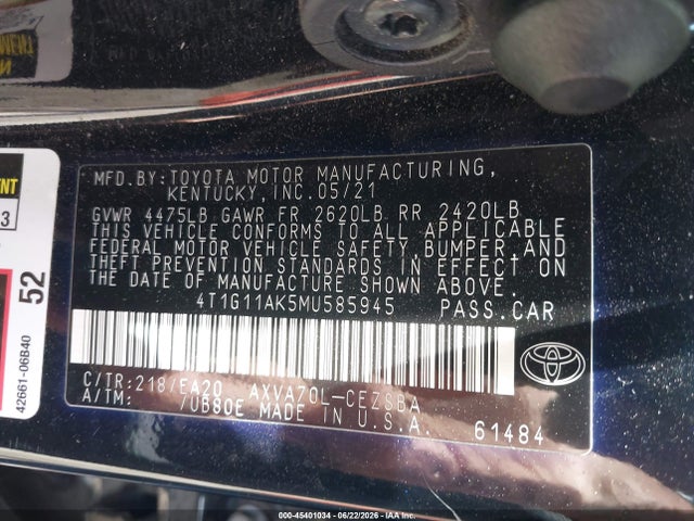 Aukcja sprzedaży 2021 Toyota Camry Se, vin: 4T1G11AK5MU585945, numer aukcji: 45401034