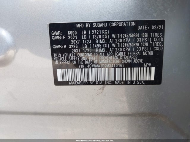 Subaru Ascent Limited 2021 4S4WMAJD2M3440162 Image 9
