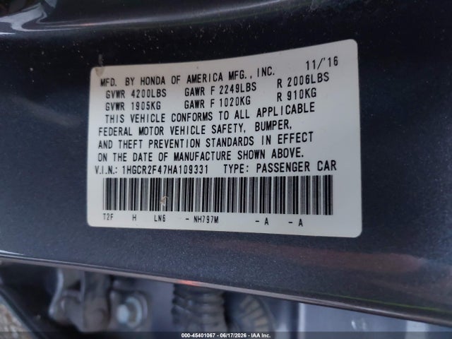Honda ACCORD LX 2017 1HGCR2F47HA109331 Image 9