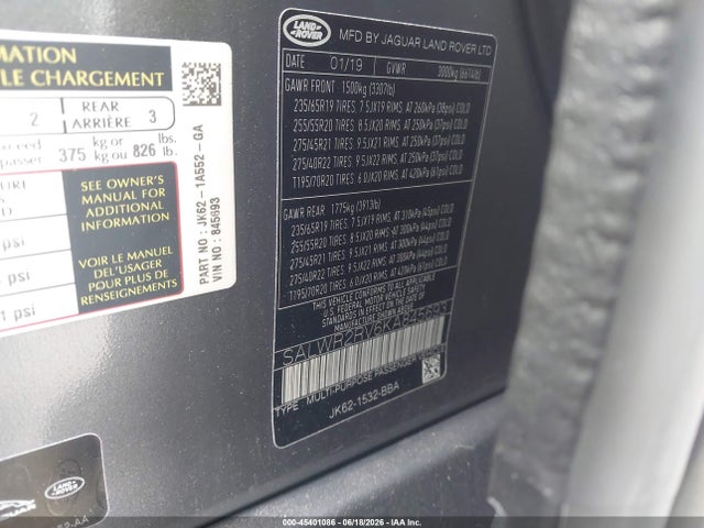 Продажа на аукционе авто 2019 Land Rover Range Rover Sport Hse, vin: SALWR2RV6KA845693, номер лота: 45401086