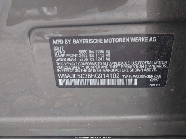 45401100 :رقم المزاد ، WBAJE5C36HG914102 vin ، 2017 Bmw 540i مزاد بيع
