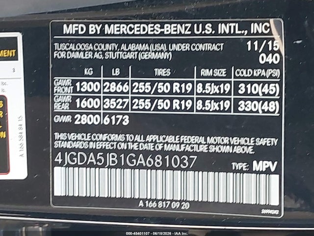 45401107 :رقم المزاد ، 4JGDA5JB1GA681037 vin ، 2016 Mercedes-benz Gle 350 مزاد بيع