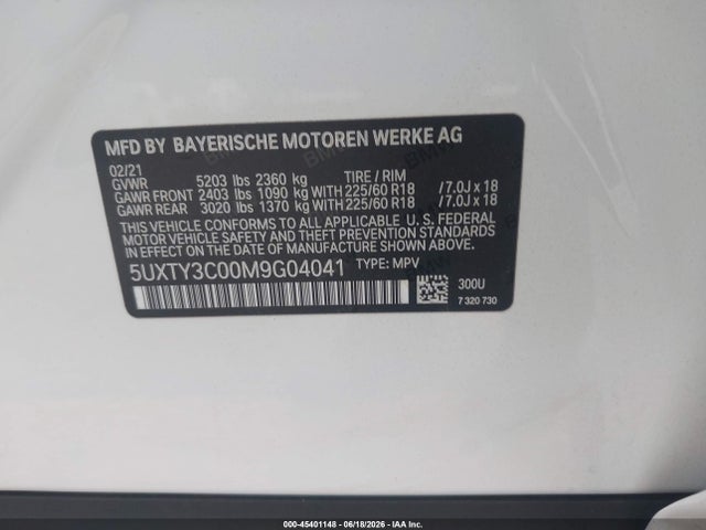 BMW X3 Sdrive30i 2021 5UXTY3C00M9G04041 Image 9