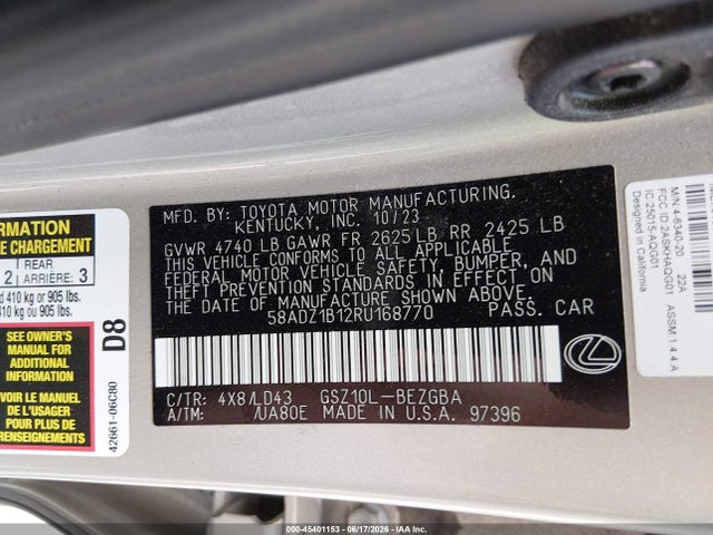 Продаж на аукціоні авто 2024 Lexus Es 350, vin: 58ADZ1B12RU168770, номер лоту: 45401153
