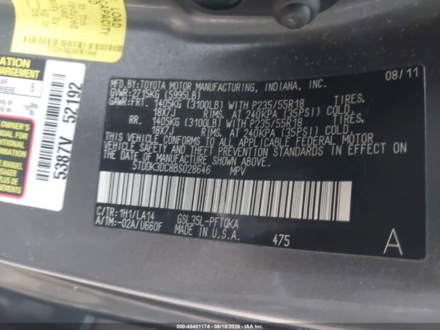 Продаж на аукціоні авто 2011 Toyota Sienna Limited, vin: 5TDDK3DC8BS028646, номер лоту: 45401174