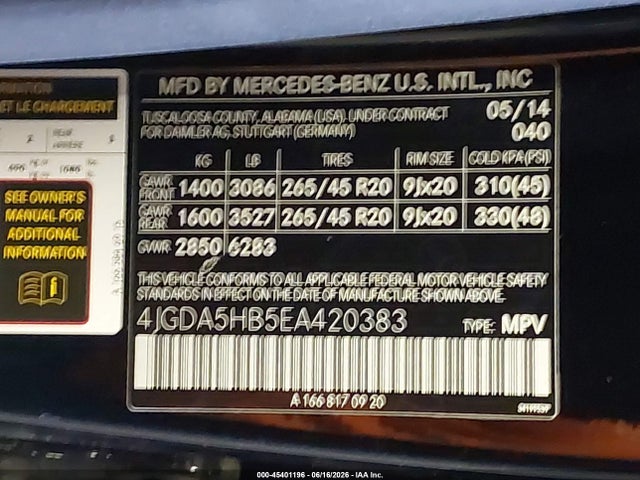 Продажа на аукционе авто 2014 Mercedes-benz Ml 350 4matic, vin: 4JGDA5HB5EA420383, номер лота: 45401196
