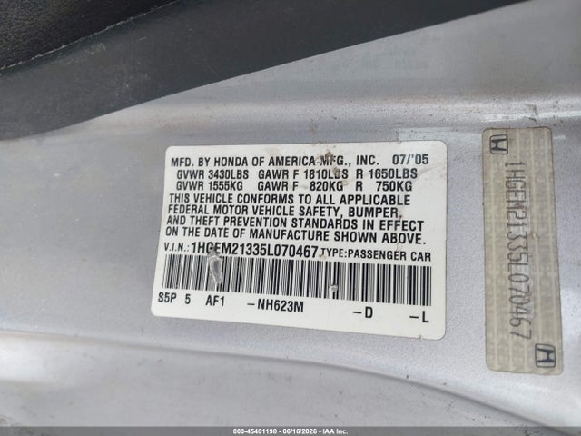 Продаж на аукціоні авто 2005 Honda Civic Vp, vin: 1HGEM21335L070467, номер лоту: 45401198