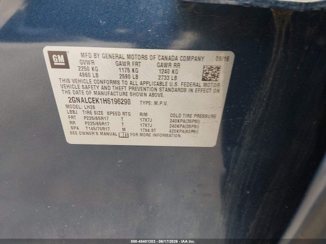 45401203 :رقم المزاد ، 2GNALCEK1H6196290 vin ، 2017 Chevrolet Equinox Lt مزاد بيع