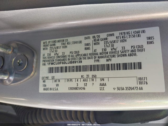 Aukcja sprzedaży 2020 Ford Escape S, vin: 1FMCU0F60LUB89139, numer aukcji: 45401215